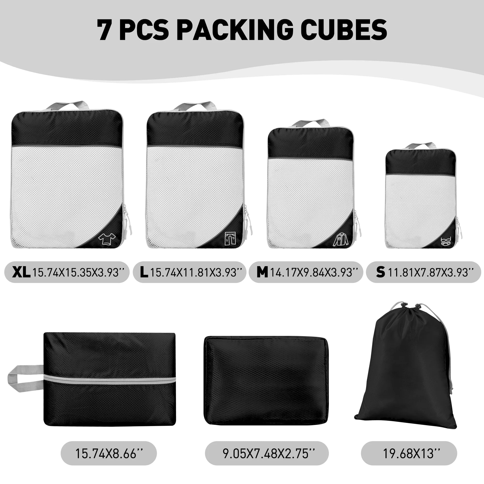 7 Set Compression Packing Cubes, Expandable Packing Organizers for Travel Accessories Luggage Suitcase Backpack, Black