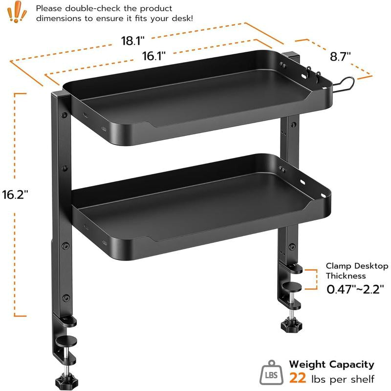 2-Tier Clamp on Desk Shelf, 16 Inch Adjustable above or under Desk Storage Shelves Holds 44 Lbs, Heavy Duty Desktop Organizer with Headphone Holder for Working and Gaming Accessories, Black