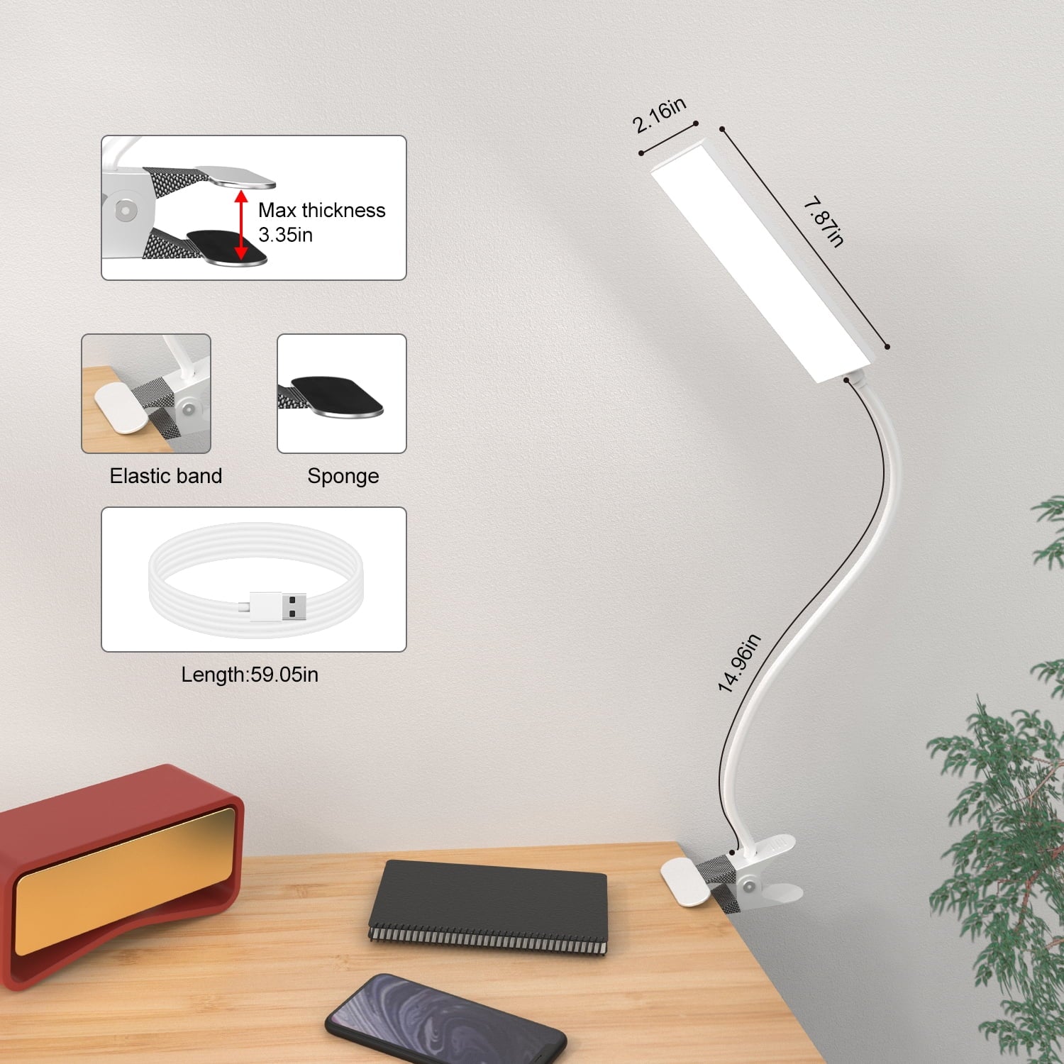 5W Adjustable Clamp Desk Lamp with Integrated USB Port