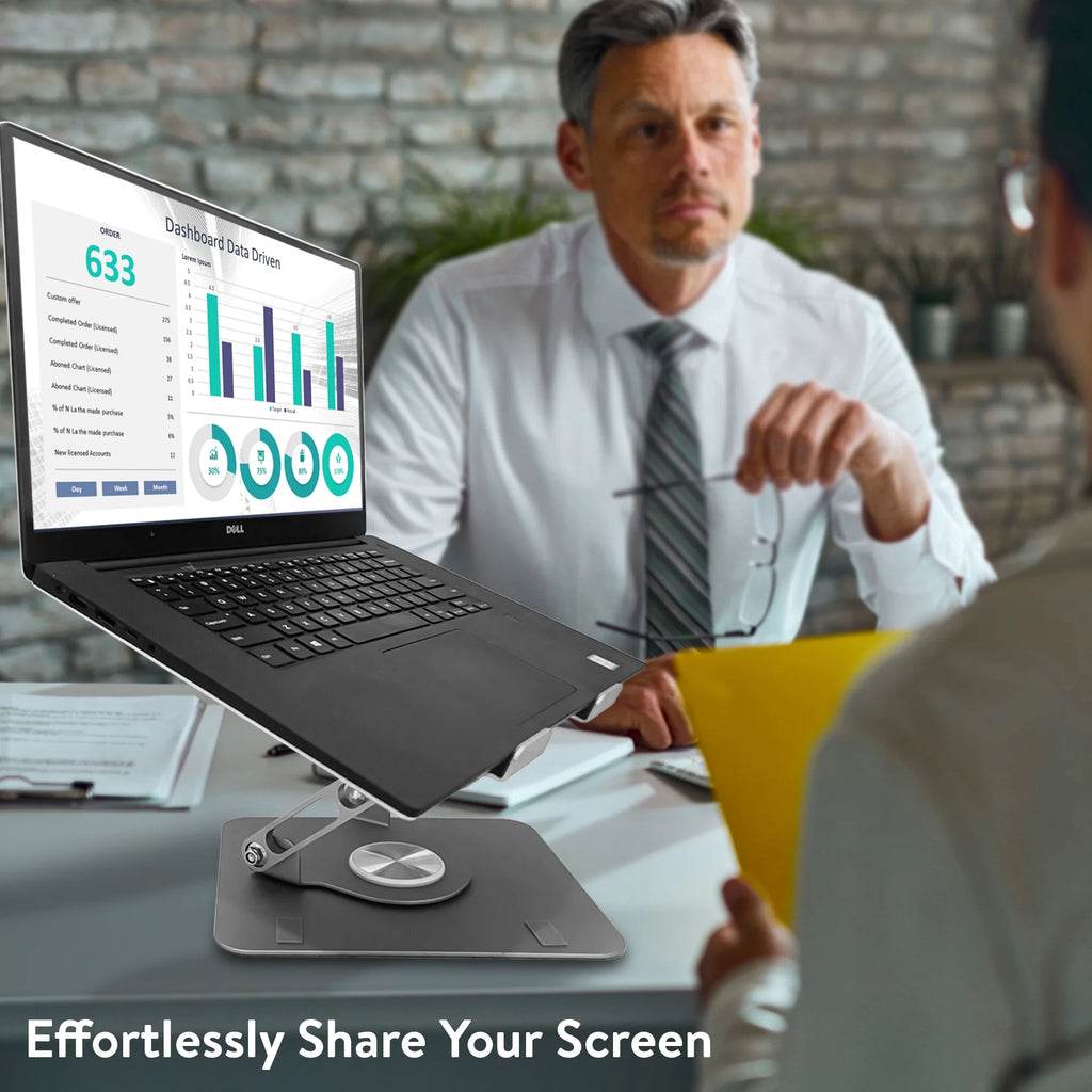 Swivel Laptop Stand for Desk – Adjustable Laptop Riser with 360° Rotation, Height & Tilt, Vented Metal Cooling Panel, Portable Folding Stand (Spacegray)