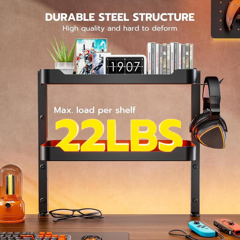 2-Tier Clamp on Desk Shelf, 16 Inch Adjustable above or under Desk Storage Shelves Holds 44 Lbs, Heavy Duty Desktop Organizer with Headphone Holder for Working and Gaming Accessories, Black