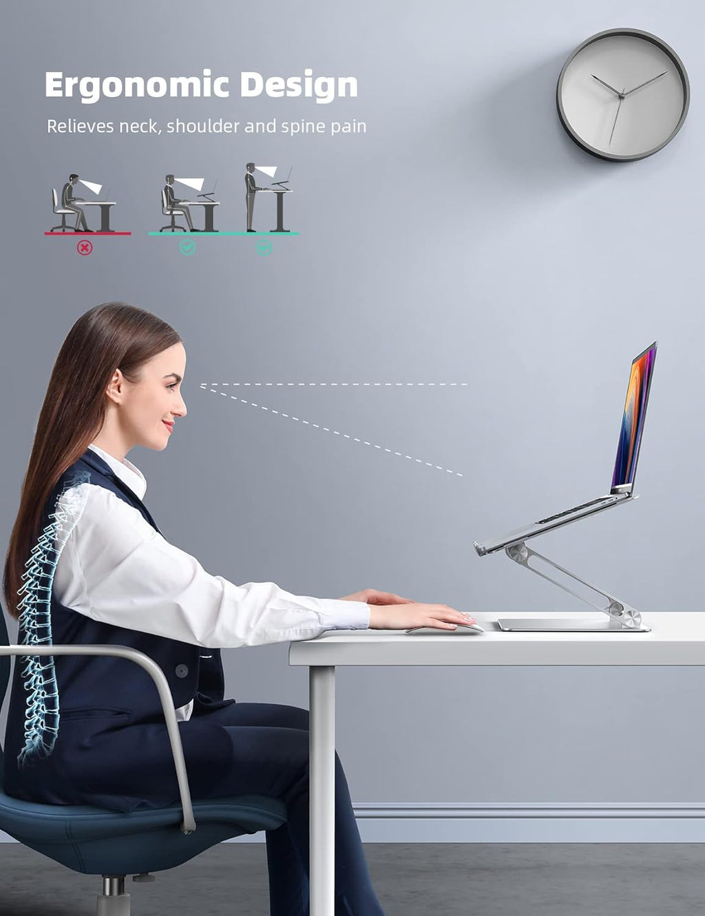 Adjustable Laptop Stand, Portable Laptop Riser, Aluminum Laptop Stand for Desk Foldable, Ergonomic Computer Notebook Stand Holder for MacBook Air Pro, Dell XPS, HP (10-17.3'') - Silver