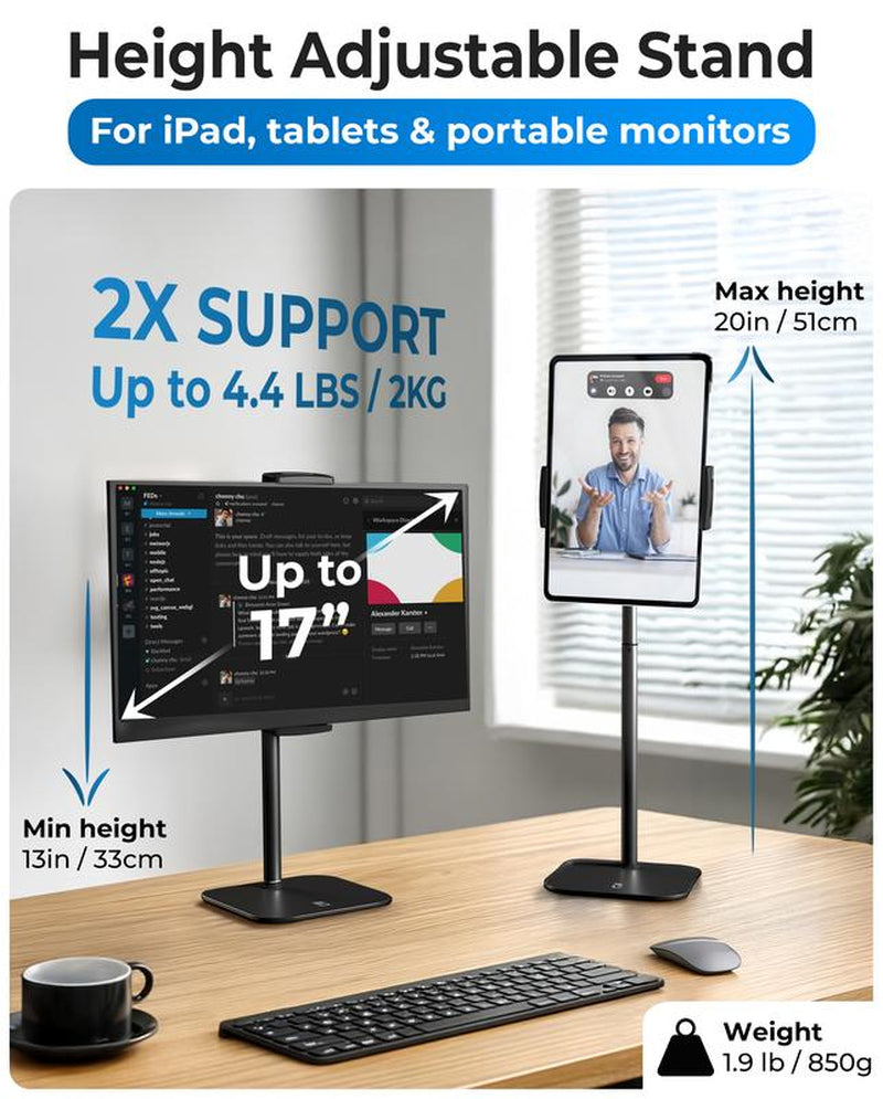 Cooper Cases Tabstand - Height Adjustable Ipad/Tablet/ Portable Monitor Holder, Fits up to 17" Devices, 360° Rotate & Tilt, 4.4Lb Holding Strength, Portable for Ipad Pro, Mini, Air