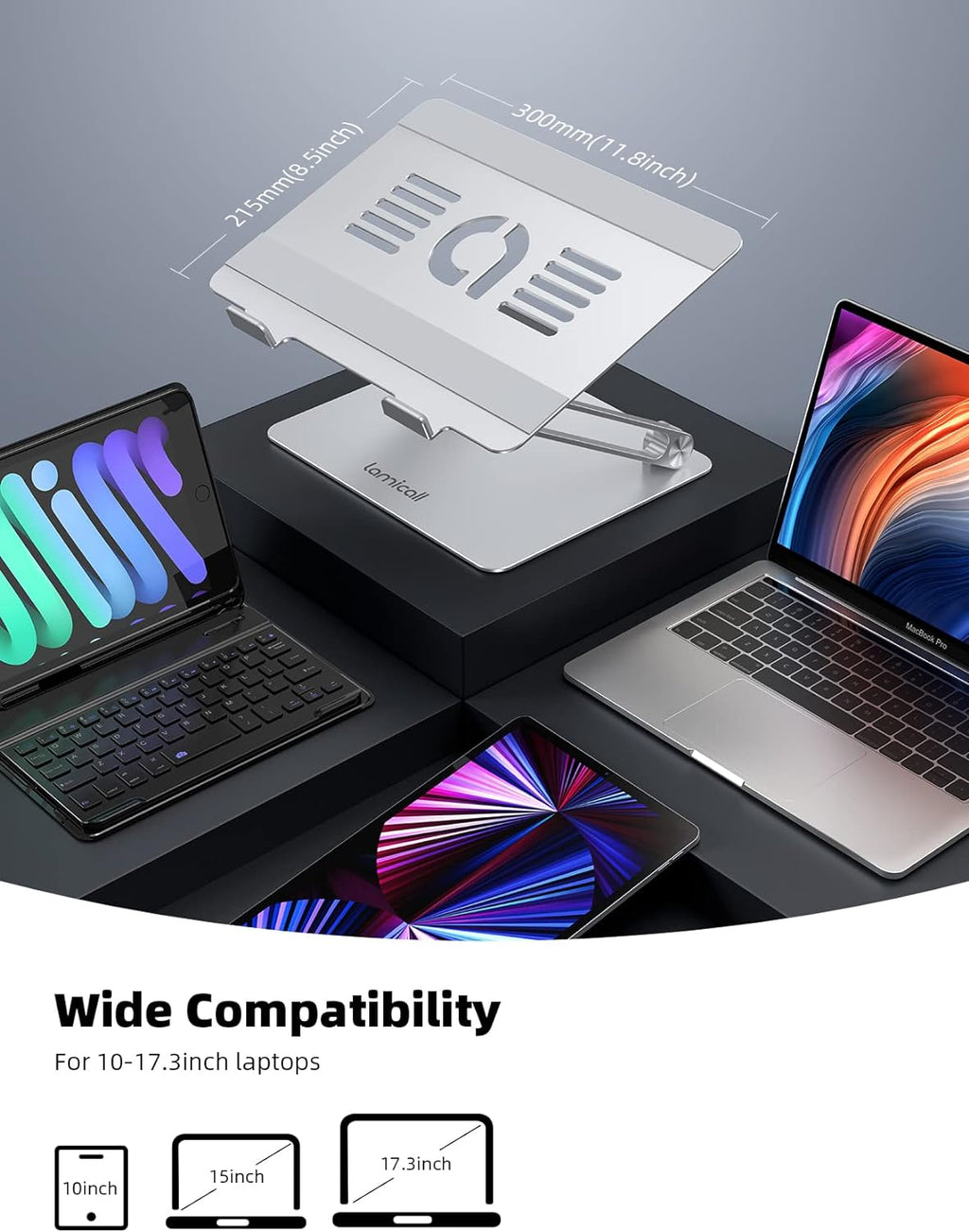 Adjustable Laptop Stand, Portable Laptop Riser, Aluminum Laptop Stand for Desk Foldable, Ergonomic Computer Notebook Stand Holder for MacBook Air Pro, Dell XPS, HP (10-17.3'') - Silver