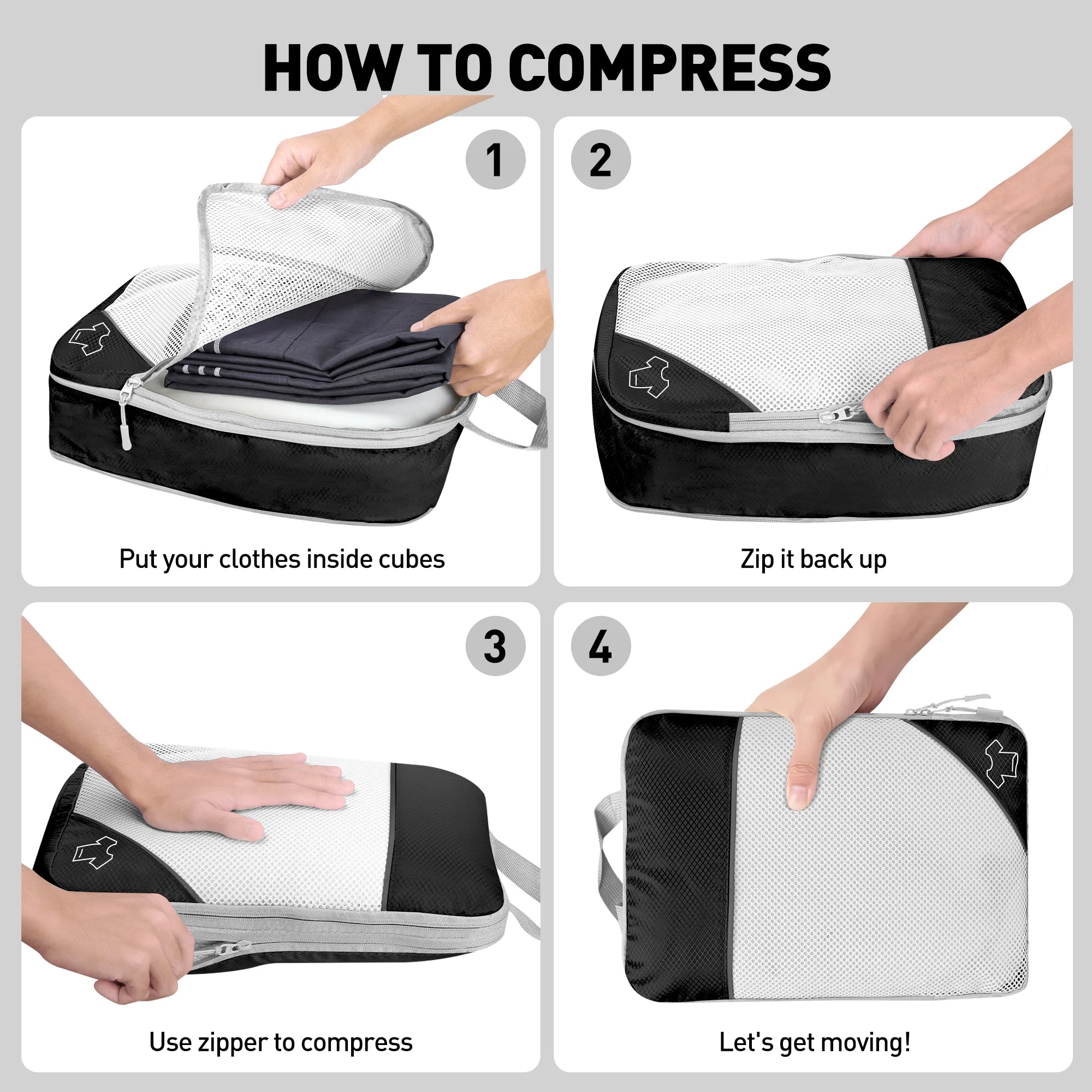 7 Set Compression Packing Cubes, Expandable Packing Organizers for Travel Accessories Luggage Suitcase Backpack, Black