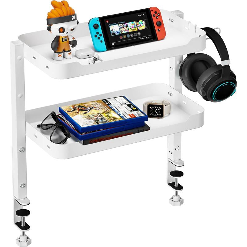 2-Tier Clamp on Desk Shelf, 16 Inch Adjustable above or under Desk Storage Shelves Holds 44 Lbs, Heavy Duty Desktop Organizer with Headphone Holder for Working and Gaming Accessories, Black