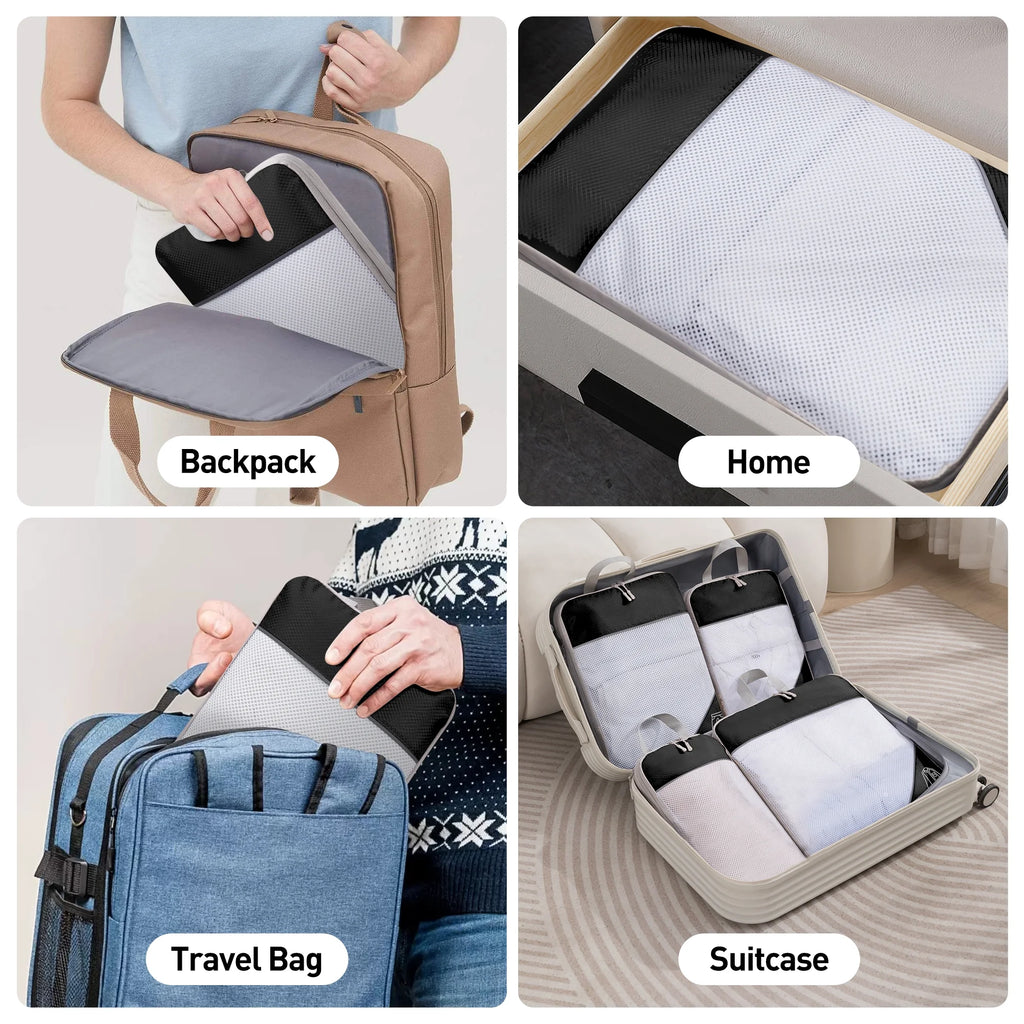 7 Set Compression Packing Cubes, Expandable Packing Organizers for Travel Accessories Luggage Suitcase Backpack, Black
