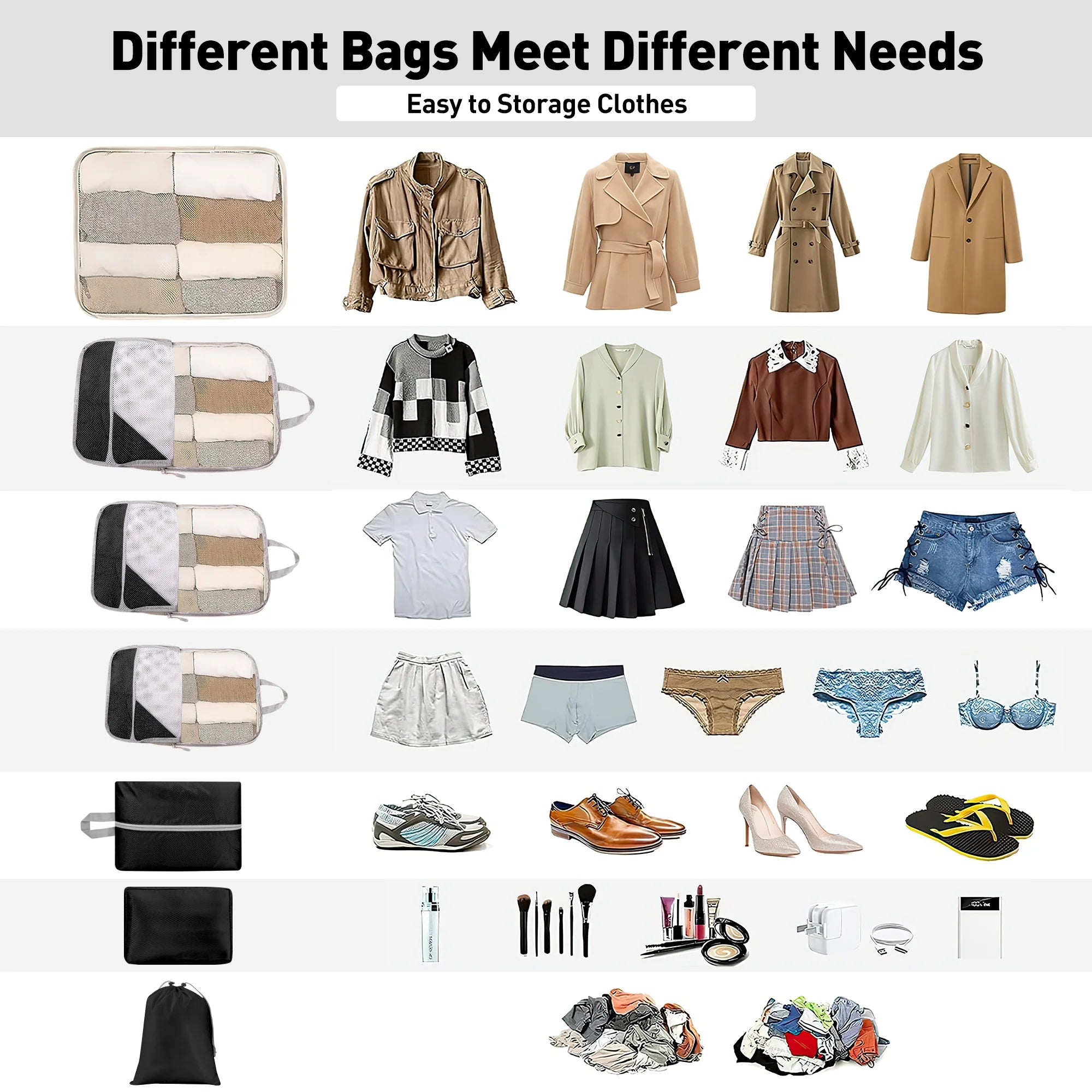 7 Set Compression Packing Cubes, Expandable Packing Organizers for Travel Accessories Luggage Suitcase Backpack, Black