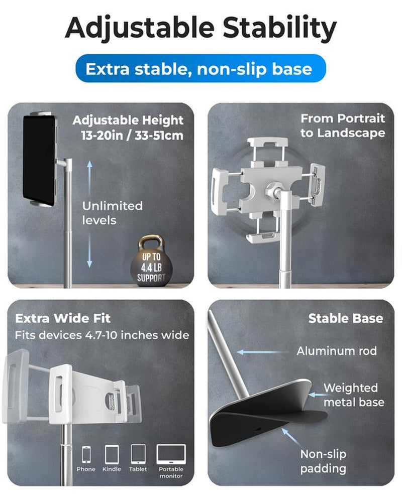 Cooper Cases Tabstand - Height Adjustable Ipad/Tablet/ Portable Monitor Holder, Fits up to 17" Devices, 360° Rotate & Tilt, 4.4Lb Holding Strength, Portable for Ipad Pro, Mini, Air
