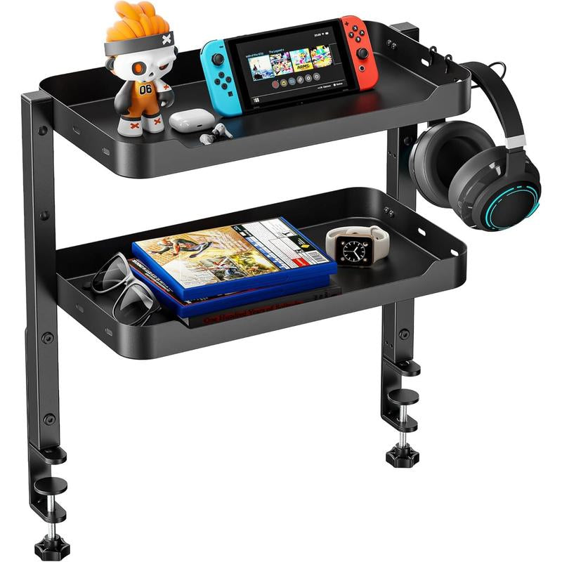 2-Tier Clamp on Desk Shelf, 16 Inch Adjustable above or under Desk Storage Shelves Holds 44 Lbs, Heavy Duty Desktop Organizer with Headphone Holder for Working and Gaming Accessories, Black