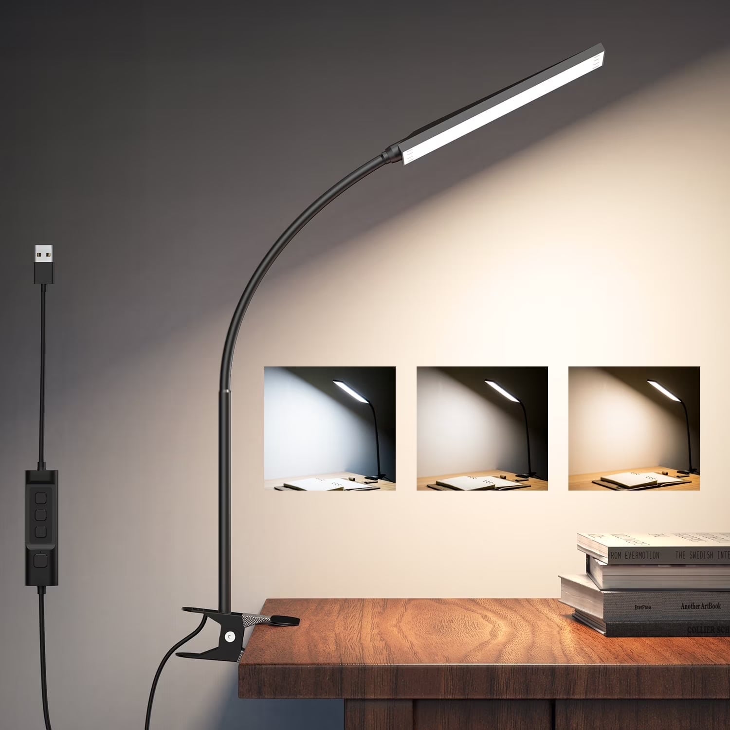 5W Adjustable Clamp Desk Lamp with Integrated USB Port