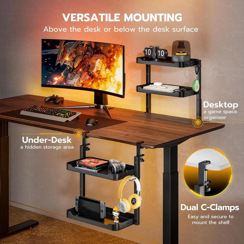 2-Tier Clamp on Desk Shelf, 16 Inch Adjustable above or under Desk Storage Shelves Holds 44 Lbs, Heavy Duty Desktop Organizer with Headphone Holder for Working and Gaming Accessories, Black